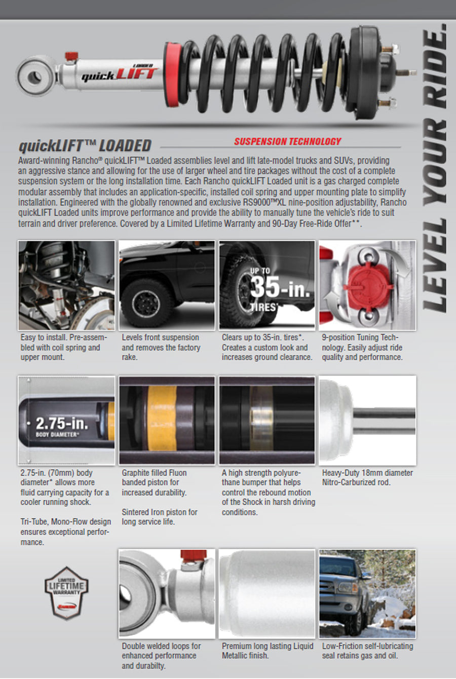 Rancho Quicklift Leveling Strut + Rear RS5000x Gas Shocks Set for 2007-2014 Chevrolet Suburban 1500 4WD RWD w/2" lift